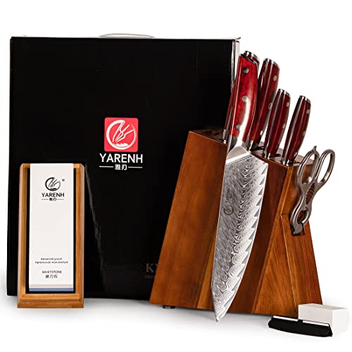 YARENH Knife Block Set, 8 Piece Damascus Chef Knife for Kitchen with Sharpener Stone, High Carbon Stainless Steel, 67 layers,Full Tang, Dalbergia Wooden Handle, Professional Forged Handmade