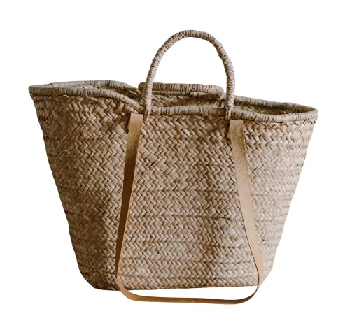 Generic The Jolie Market French Market Bag – Genuine Leather Straps and Woven Handles, Large Handmade Seagrass Tote, Shopping Basket, Storage Bag, Beige
