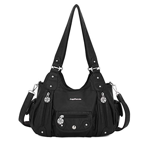 Angel Barcelo Roomy Fashion Hobo Womens Handbags Ladies Purses Satchel Shoulder Bags Tote Washed Leather Bag Black