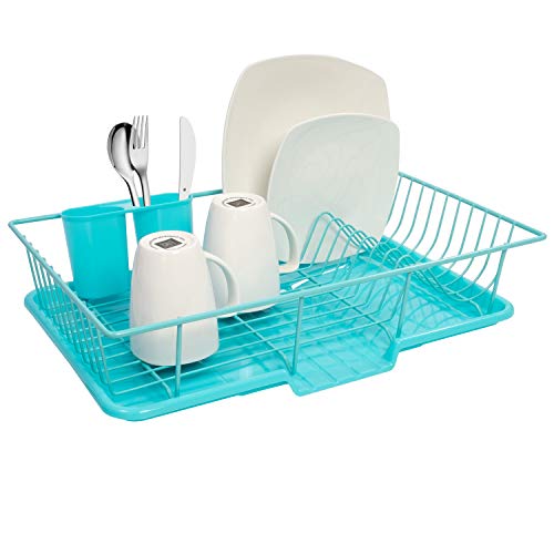 Sweet Home Collection Dish Rack Drainer 3 Piece Set with Drying Board and Utensil Holder, 12″ x 19″ x 5″, Turquoise