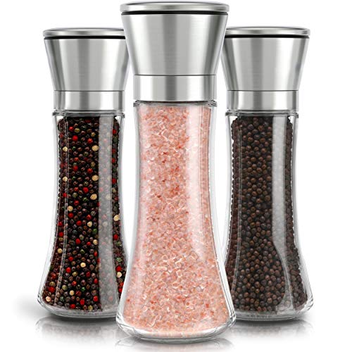Salt and Pepper Grinder Set, Salt and Pepper Shakers with Adjustable Coarseness,Brushed Stainless Steel and Glass Body Shakers(3 Pack) (like in picture)