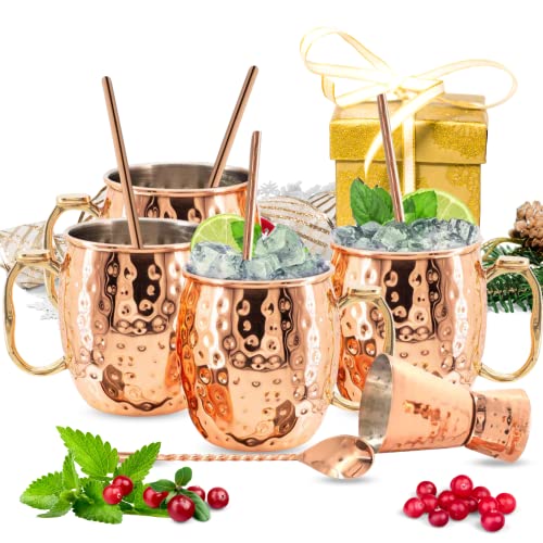 Kitchen Science [Gift Set] Moscow Mule Mugs, Stainless Steel Lined Copper Moscow Mule Cups Set of 4 (18oz) w/ Straws, Jigger, Spoon & Brush | Tarnish-Resistant Stainless Steel Interior (Set of 4)