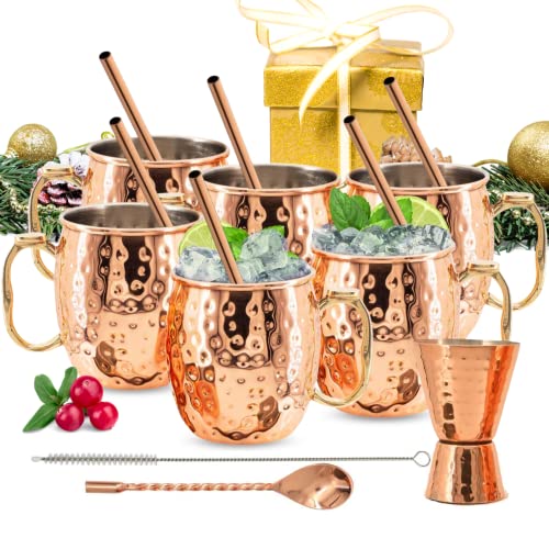 [Gift Set] Kitchen Science Moscow Mule Mugs, Stainless Steel Lined Copper Moscow Mule Cups Set of 6 (18oz) w/ Straws, Jigger, Spoon & Brush | Tarnish-Resistant Stainless Steel Interior