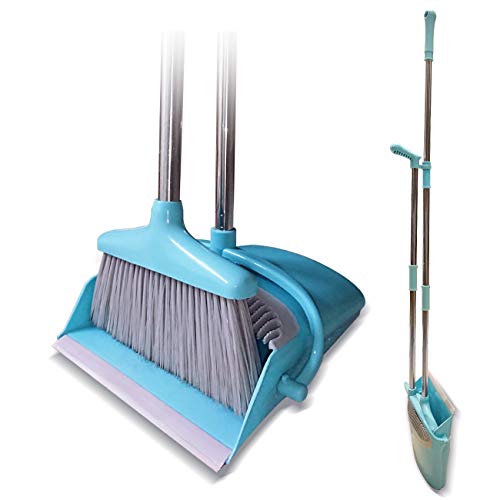 Broom and Dustpan Set Lightweight Upright Lobby Broom and Dust Pan Combo with Long Handle Outdoor Indoor for Home Kitchen Room Office (Blue)