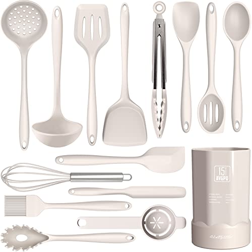 Dishwasher Safe Silicone Cooking Utensils Set – 446°F Heat Resistant Basic Silicone Kitchen Utensils,Turner Tongs, Spatula, Spoon, Brush, Whisk, Gadgets Tools for Nonstick Cookware (BPA Free – Khaki)