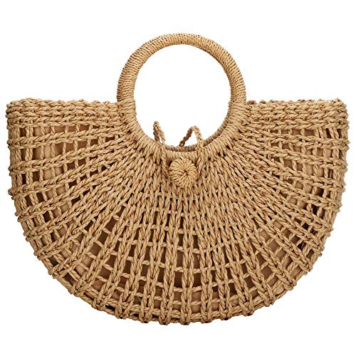 Straw Bags for Women,Hand-woven Straw Top-handle Bag with Round Ring Handle Summer Beach Rattan Tote Handbag (Khaki)