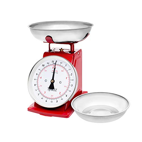 MARLIZ 11 lb/ 5Kg Mechanical Food Scale for Kitchen| Analog Kitchen Scale with 2 Bowls Grams and Ounces |balanza di cocina Food Weight Scales red| Meat Scale Small Kitchen Scale