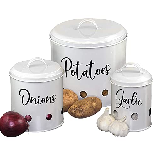 Home Acre Designs Kitchen Canisters Set of 3 – Airtight Potato, Onion & Garlic Keeper for Vegetable Storage – Rustic Farmhouse Containers – White