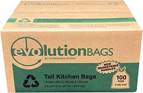 **NEW** Evolution Trash Bag Tall Kitchen DRAWSTRING, 100 bags/box, made with 70% CERTIFIED PCR material
