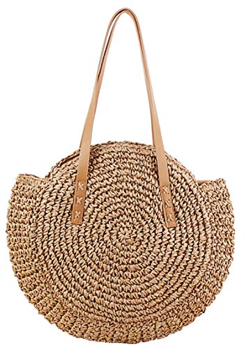 Straw Handbags Women Handwoven Round Corn Straw Bags Natural Chic Hand Large Summer Beach Tote Woven Handle Shoulder Bag (Khaki)