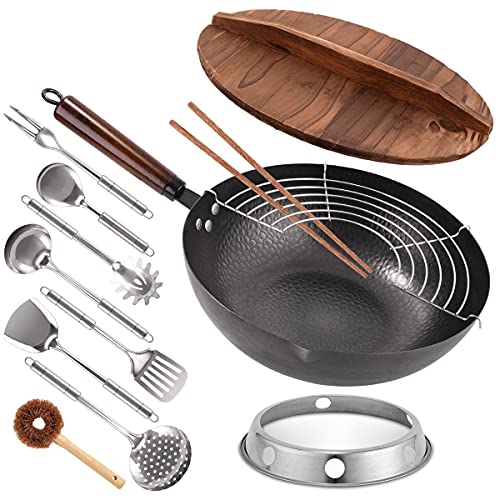 Carbon Steel Wok, 13 Pcs Wok Pan with Wooden Lid & Handle Stir-Fry Pans 13″ Chinese Wok Flat Bottom Wok with Cookware Accessories Suitabe for all Stoves (Black)…