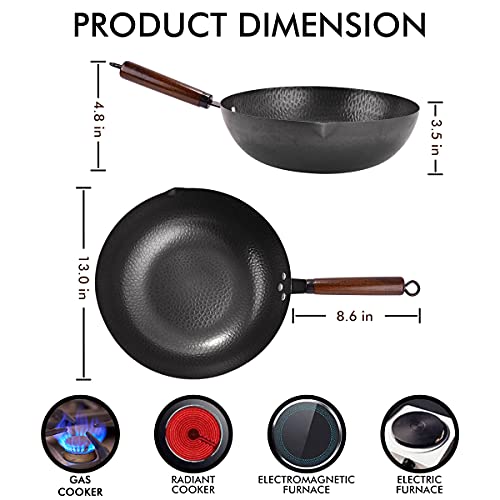 Carbon Steel Wok, 13 Pcs Wok Pan with Wooden Lid & Handle Stir-Fry Pans 13″ Chinese Wok Flat Bottom Wok with Cookware Accessories Suitabe for all Stoves (Black)… | The Storepaperoomates Retail Market - Fast Affordable Shopping