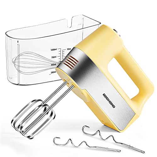 REDMOND Electric Hand Mixer, 5-Speed Hand Mixer with Measuring Storage Case, Kitchen Handheld Mixer Includes Dough Hooks, Whisk and Beaters for Cream, Cake, Cookies, Eggs 250W Hand Mixer with Measuring Box, HM018 Yellow
