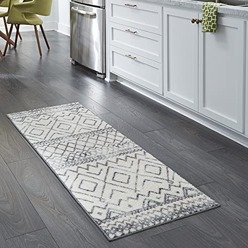 Maples Rugs Abstract Diamond Modern Distressed Non Slip Runner Rug For Hallway Entry Way Floor Carpet [Made in USA], 2 x 6, Neutral
