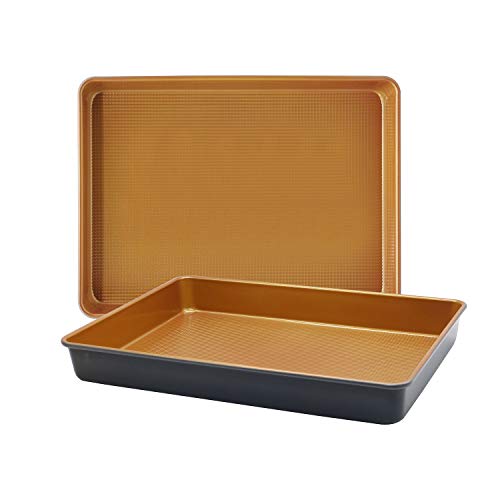 LUCYCAZ 15”x11”x2” Deep Large Half Sheet Cake Pan Set, 1/2 Size Rectangle Copper Baking Pans Cookie Sheets Bakeware Toaster Oven Nonstick Set for Home Kitchen Muffin Bread Pan Heavy Duty, 2-Piece