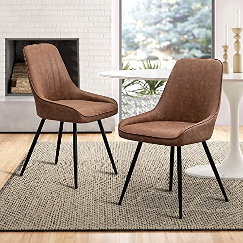 Alunaune Modern Dining Chairs Set of 2 Upholstered Accent Chair Mid Century Armless Leisure Chair Kitchen Living Room Faux Leather Desk Side Chair with Metal Legs-Brown