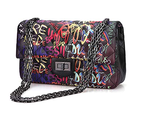 Wxnow Quilted Crossbody for Women PU Leather Shoulder Bags Purse with Chain Strap Handbags Black Graffiti