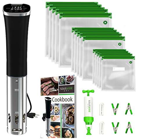 SOUSVIDE ART Precision Cooker Kit | 800W DELUXE Sous Vide Machine Immersion Cookers Circulator | 30 Vacuum Seal Bags, Vacuum Pump, Digital Timer, & Temperature Control | All In One Sous Vide Machines