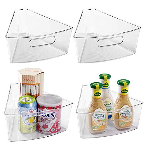 Oubonun Lazy Susan Organizers Set of 4, 10.2”x 9.4”x 4” Plastic Transparent Kitchen Cabinet Storage Bins with Handle, 4″ Deep Container, 1/8 Wedge – Food Safe, BPA Free.