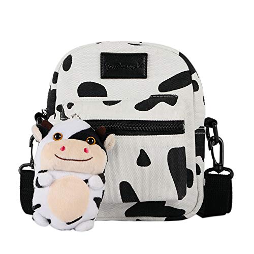 Cow Print Canvas Crossbody Purse, Cute Animal Shoulder Handbag Phone Bag with Plush Pendant for Women Girls Kids