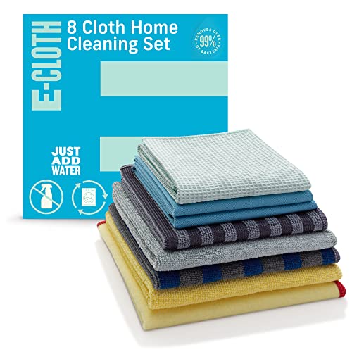 E-Cloth 8pc Home Cleaning Set, Contains Multiple Microfiber Cleaning Cloths for Household Cleaning, Dusting and Polishing Surfaces, Bathroom, Kitchen and Cars, Washable and Reusable, 100 Wash Promise