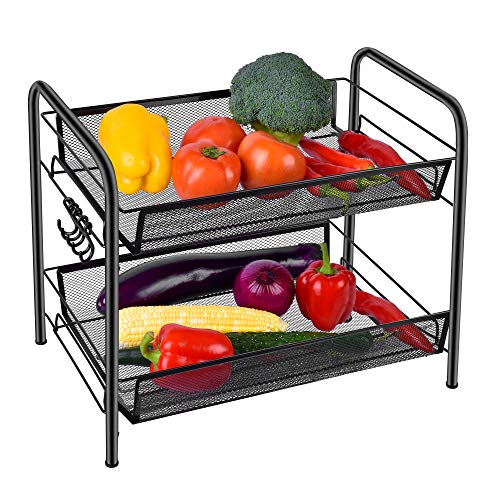 Spice Rack Organizer for Countertop, 2 Tier Fruits/Vegetables Storage Organizer, Standing Shelf with Mesh Baskets for Home, Kitchen, Bathroom, Office, Black