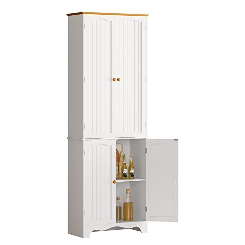 Function Home 72” Freestanding Tall Pantry Cabinet，Kitchen Pantry with 2 Large Cabinets and Adjustable Shelves,2-Door Floor Storage Cabinet for Additional Storage Space in White Honey