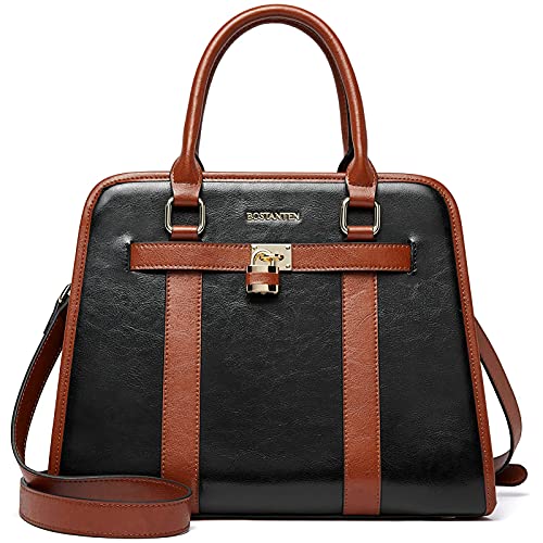 BOSTANTEN Women Leather Handbags Fashion Designer Purses Two Tone Satchel Top Handle Bags with Crossbody Strap,Black