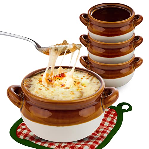 Stock Your Home 16 oz French Onion Soup Crock (4 Pack) – Two Tone Brown & Ivory Porcelain Soup Bowls with Handles -Microwave and Dishwasher Safe Crocks