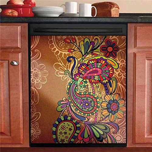 Bohemia Kitchen Dishwasher Magnet Cover,Magnetic Home Decoration Vinyl Decals,Ethnic Mandala Design Cover for Refrigerator,India Decorative Sticker,Art Fridge Door Cover Wallpaper