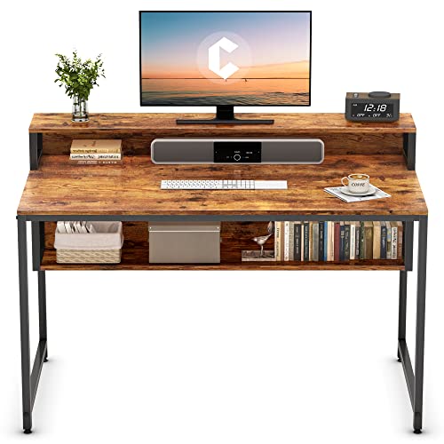 Cubiker Computer Home Office Desk, 47″ Small Desk Table with Storage Shelf and Bookshelf, Study Writing Table Modern Simple Style Space Saving Design, Rustic