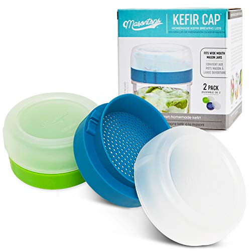 Masontops Kefir Caps – Wide Mouth Mason Jar Lids – Live Culture Grains Strainer – Home Fermentation Starter Kit – 2 Pack