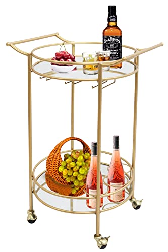 Round Gold Rolling Bar Cart with 2 Mirror Shelves, Wine Rack and Lockable Casters, Suitable for Home Kitchen, Club, Living Room, Thanksgiving, Christmas, New Year, 22″X18″X33″