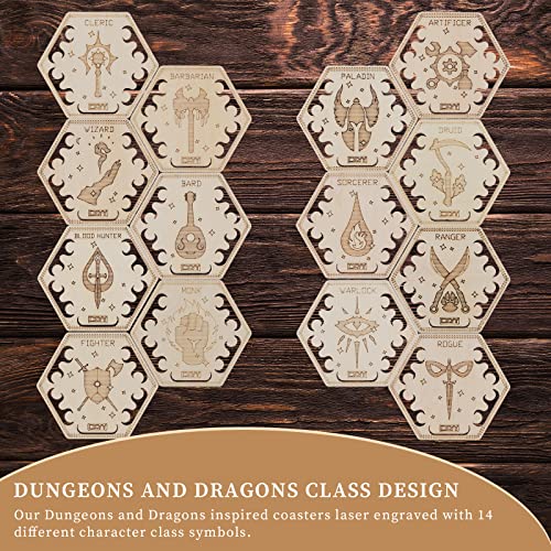 D&D Class Coasters Set of 14 with Holder Hexagon Gaming Mug Mats Wooden Laser Engraved DND Classes Icons Gift for Dungeons and Dragons Fans, Game Master | The Storepaperoomates Retail Market - Fast Affordable Shopping