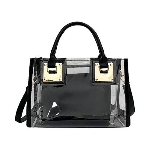 Cooba 2Pcs Women Clear Jelly Tote Beach Crossbody Transparent Messenger Shoulder Bag Handbag, Black, One_Size