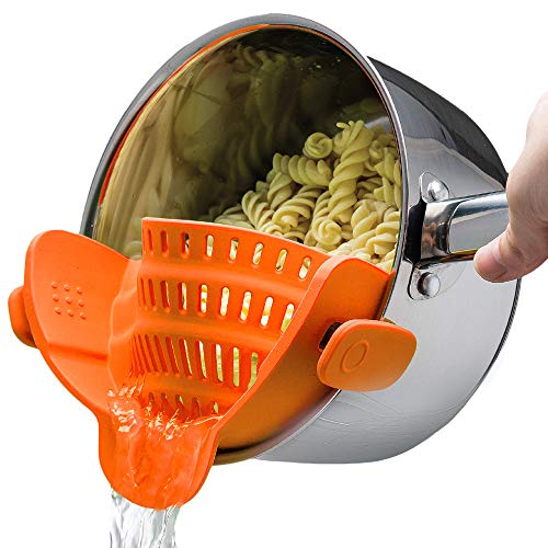 Kitchen Gizmo Snap N Strain Pot Strainer and Pasta Strainer – Adjustable Silicone Clip On Strainer for Pots, Pans, and Bowls – Kitchen Colander – Orange