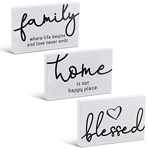 Jetec 3 Pieces Family Home Blessed Rustic Wood Sign Mini Wood Decorative Signs Farmhouse Woodworks Decors Table Decorations Signs for Bedroom Kitchen Living Room Table Decorations