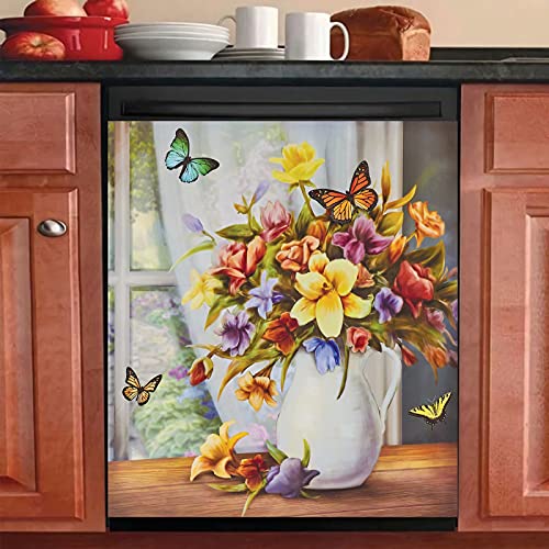 Colorful Butterflies and Floral Bouquet Kitchen Dishwasher Sticker Magnet Cover Flower Magnetic Refrigerator Home Decor Vinyl Decal 23″ W x 17″ H