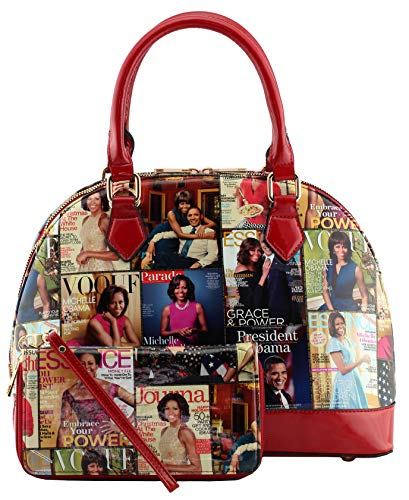 Glossy magazine cover collage dome satchel bag purses bowling bag Michelle Obama bags with wallet set 2 in 1 (MULTI/RD)
