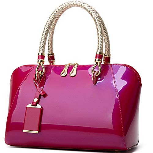 Handbag for Women Patent Leather Shoulder Bag Tote Messenger Bag with Hardware Handle-Rose red