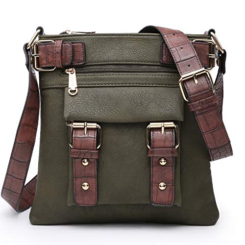 Dasein Top Belted Crossbody Bags for Women Soft Leather Messenger Bag Shoulder Bag Travel Purse (large size-army green)