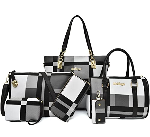 6-Pcs Handbags Set for Women Faux Leather Tote Bag Fashion Top-Handle Handbag Shoulder Bags Crossbody Totes Satchel Purses & Wristlet Wallet Purse Set-Gray