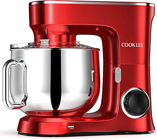 COOKLEE Stand Mixer, 9.5 Qt. 660W 10-Speed Electric Kitchen Mixer with Dishwasher-Safe Dough Hooks, Flat Beaters, Wire Whip & Pouring Shield Attachments for Most Home Cooks, SM-1551, Ruby Red