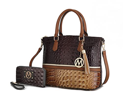 MKF Crossbody Tote Bag for Women, & Wristlet Wallet Purse Set – PU Leather Top-Handle Satchel Shoulder Handbag Brown