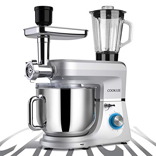 COOKLEE 6-IN-1 Stand Mixer, 8.5 Qt. Multifunctional Electric Kitchen Mixer with Beater, Whisk, Dough Hook, Meat Grinder and Other Accessories for Most Home Cooks, SM-1507BM, Silvery