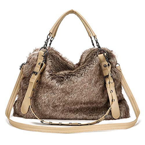 QTMY Brown Faux Fur Tote Crossbody Bag Purse Handbag for Women