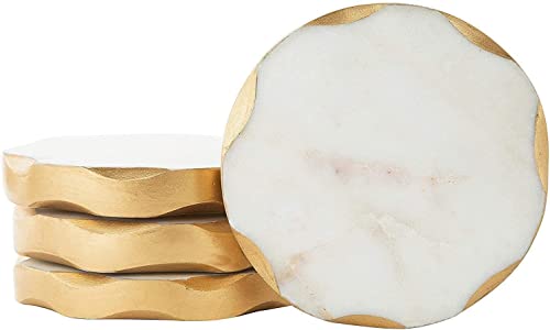 James Scott Marble Coasters – Set of 4 Round Natural Coasters with Gold Edges – Beautiful Gift