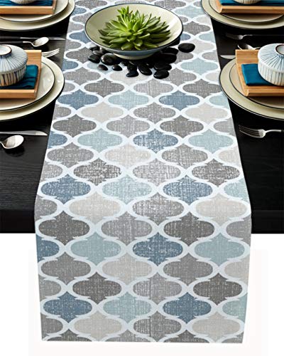Moroccan Table Runner-Cotton Linen-Long 72 inche Geometric Quatrefoil Lattice Dresser Scarves,Kitchen Coffee/Dining Farmhouse Tablerunner for Home Living Room,Holiday Dinner Scarf Décor,Blue Grey