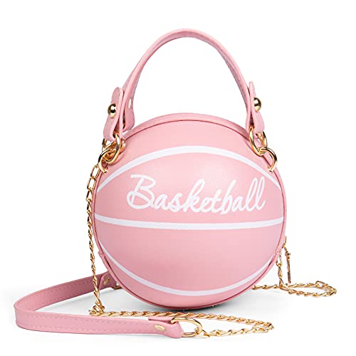 BABABA Women’s basketball shoulder bag Messenger Bag handbag mini round bag PU bag, Zipper closure, suitable for women (Pink)