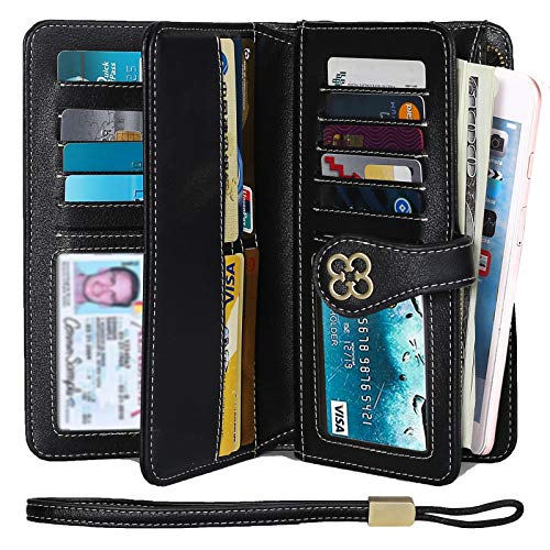 Womens Leather Wallet Ladies Wallets With Rfid Protection Black Large Capacity Trifold Change Purse Checkered Wallet Card Holder Wristlet Wallets For Women Zip Stitch Wallet